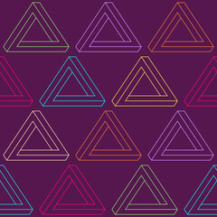 Wall Mural - seamless vector pattern with impossible color triangles. linear style. penrose optical illusion. vec