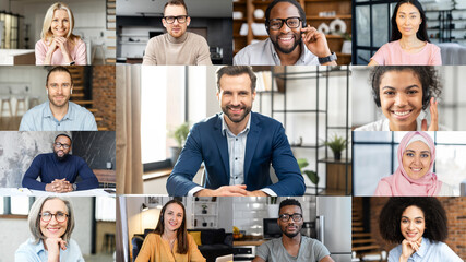 A bossy leader wearing formal suit holding online video conference. A group of diverse people using new online platform for communicating on the distance, work team brainstorming on the distance