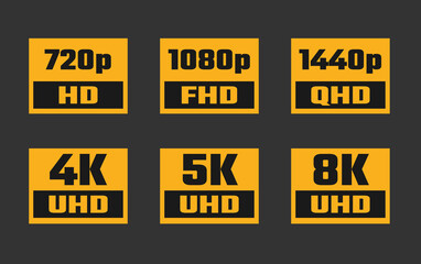 Fototapete - Screen Resolution icon set, 4K UHD, 5K, 8K, Quad HD, Full HD and HD resolution