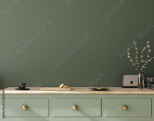Wall mock up in kitchen interior background, Farmhouse style, 3d render