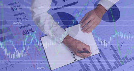 Poster - Animation of financial data processing and statistics recording over businessman writing
