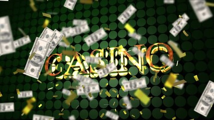 Poster - Animation of confetti and american dollar bills falling over casino text and green spots