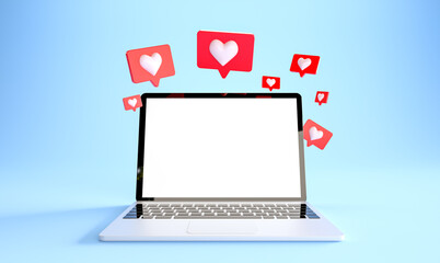 Wall Mural - laptop mockup with many like notifications at blue background. social media concept. 3d rendering