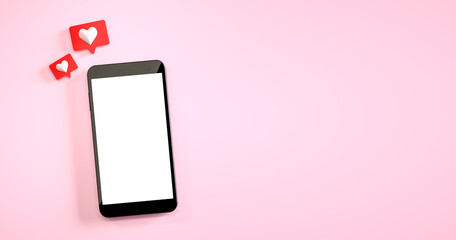 Wall Mural - mobile phone mockup with a like notification at pink background. 3d rendering