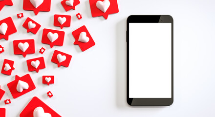 Wall Mural - mobile phone mockup blank screen with many social media like notifications. 3d render