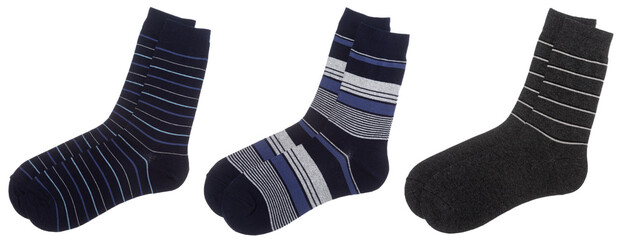 Wall Mural - Three pairs of stripe cotton-blend socks of blue and grey colors isolated on a white background