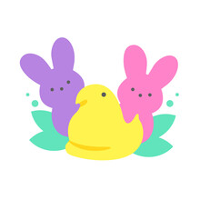 Easter Peeps. Simple Rabbit Vector Various Colors Made From Candy And Marshmallows. For Celebrating Easter.