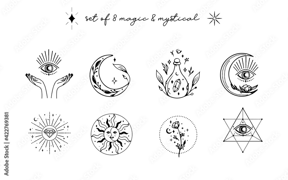 Collection of magic & mystical elements illustrations for Planner, Journal, Web design in hand drawn style. - obrazy, fototapety, plakaty 