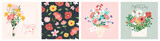Fototapeta  - Happy Womens Day March 8 Cute cards and posters for the spring holiday. Vector illustration of a date, a women and a bouquet of flowers
