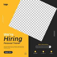 Hiring recruitment design for social media post template. Job vacancy for fitness instructor. Creative announcement flyer vector illustration