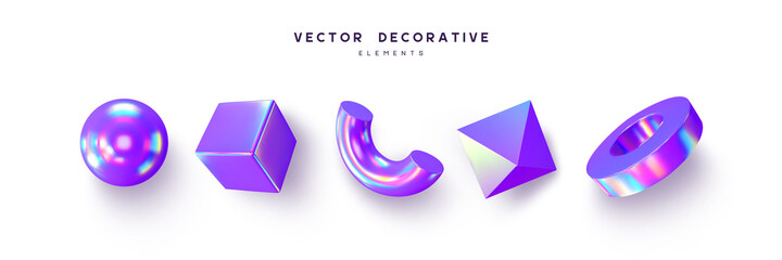 Poster - Set of 3d render primitives. Realistic 3d sphere, torus, cone, cube, tube. Glossy holographic geometric shapes isolated on white background. Iridescent trendy design, thin film effect. Vector.