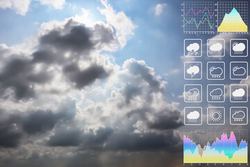 Wall Mural - weather forecast symbol data presentation with graph and chart on dramatic atmosphere panorama view 