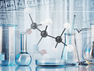 Wall Mural - microscope with lab glassware, science laboratory research and development concept