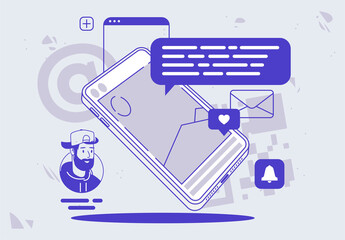 Vector illustration of a mobile phone, smartphone, with social media design elements, message cloud, notification icons, linear design