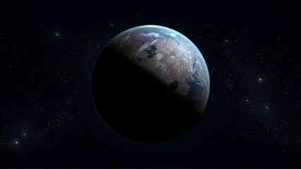Wall Mural - Sunset in deep space and alien planet. Exoplanet Kepler rotates around its axis.