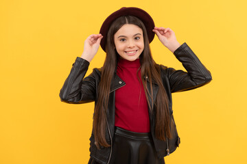 Poster - happy teen girl in hat and leather jacket, hipster