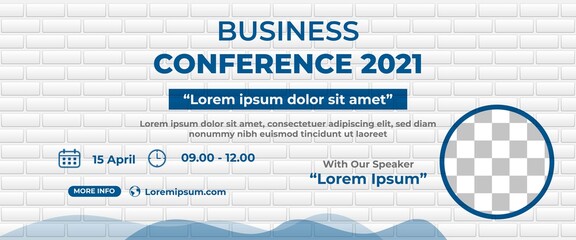 Wall Mural - Business conference banner design. Horizontal banner design with brick wall background and abstract fluid shape. Flat design vector with a place for the photo.