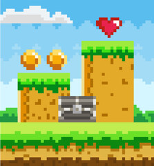 Aufkleber - Pixel art game scene with green grass platform, metal chest on background of coins and heart