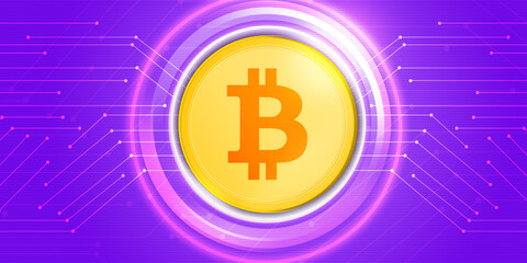 Poster - Abstract Bitcoin Golden Background coin concept in center with technical wiring around it on Purple backdrop. New Cryptocurrency background