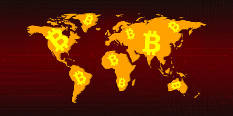 Poster - World map with the symbol of Cryptocurrency in Center. Abstract digital currency concept
