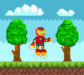 Sticker - Flying iron man, robot in red metal suit with armor. Bot in jet boots with fire vector illustration