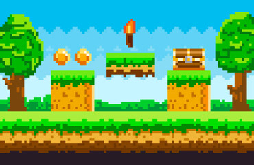 Aufkleber - Pixel-game background with coins in sky. Pixel art game scene with green grass platform and chest