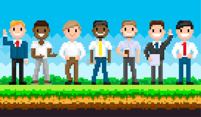 Aufkleber - Pixel male characters for old game layout stand against background of nature landscape with blue sky