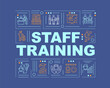 © IMG visuals icons - Staff training word concepts banner. Giving employees important data to work. Infographics with linear icons on navy background. Isolated typography. Vector outline RGB color illustration