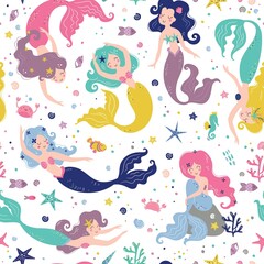 Seamless childish pattern with cute mermaids. Creative kids texture for fabric, wrapping, textile, wallpaper, apparel. Vector illustration