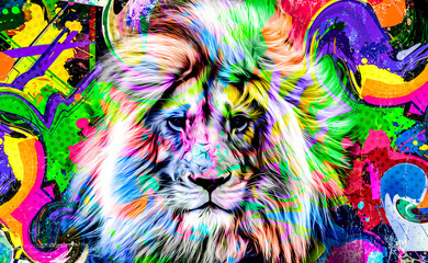 Wall Mural - bright lion head in creative Rainbow