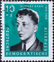 A Postage Stamp From Germany, GDR Showing  Portrait Of The Communist Resistance Fighter Herbert Baum (1912–1942) Who Was Murdered As A Resistance Fighter Against Hitler