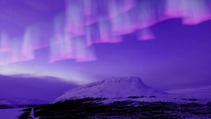aerial drone view of purple and pink auroras above a mountain - 3d graphics animation