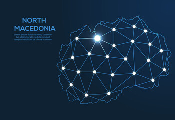 Poster - north macedonia communication network map. vector low poly image of a global map with lights in the 