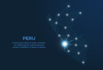 Poster - Peru communication network map. Vector low poly image of a global map with lights in the form of cities. Map in the form of a constellation, mute and stars