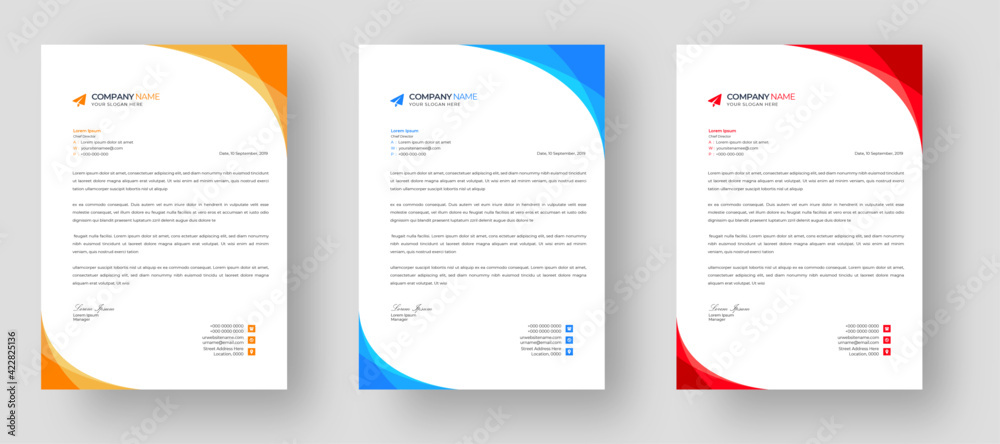 corporate modern letterhead design template set with yellow, blue  and red color. creative modern letter head design templates for your project.  - obrazy, fototapety, plakaty 