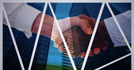 Poster - Composition of businessmen shaking hands with blue lines and modern office buildings cityscape