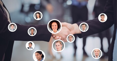 Poster - Composition of businesswomen shaking hands with network of people's photographs