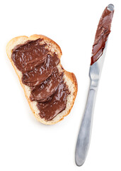 Wall Mural - Piece of bread with chocolate paste and knife on white background, isolated. Top view