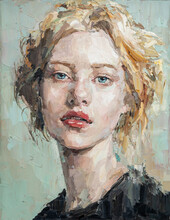 Art Painting. Portrait Of A Girl With Blond Hair Is Made In A Classic Style. Background Is Aquamarin.
