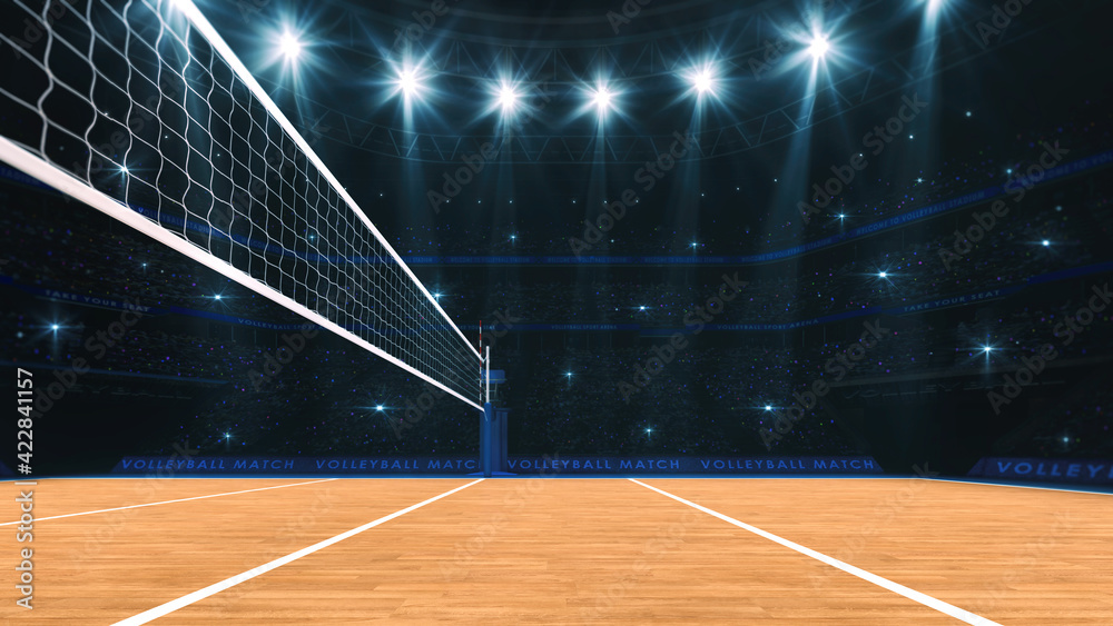 Sport arena interior and professional volleyball court and crowd of fans around. View of the player from under the net. Digital 3D illustration. - obrazy, fototapety, plakaty 