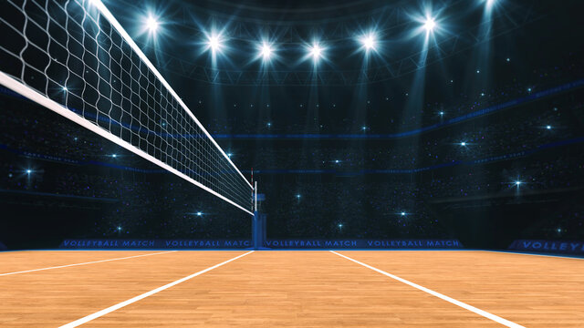 Wall Mural -  - Sport arena interior and professional volleyball court and crowd of fans around. View of the player from under the net. Digital 3D illustration.