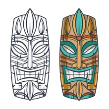Trendy Hawaii Wooden Tiki Mask For Surfing Bar. Traditional Ethnic Idol Of Hawaiian, Maori Or Polynesian. Old Tribal Totem
