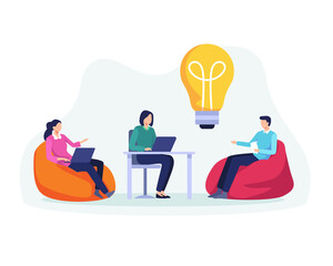 Wall Mural - Business meeting teamwork concept. Businessman and woman with laptop searching for new ideas solutions, Working together in the company. Colleagues brainstorming, Discussion. Vector in a flat style