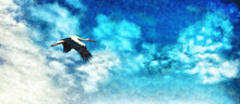Beautiful Stork In Flight. Picturesque Blue Sky. Artistic Work On The Theme Of Animals