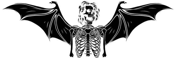 black silhouette of human skeleton with bat wings vector illustration