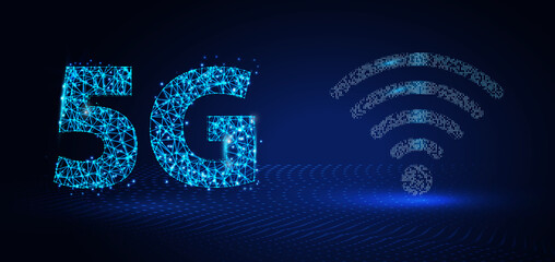 Fototapete - 5G wireframe polygonal design with broadcast radio signals. Low poly wireframe digital vector illustration. High-speed big data transfer broadband. Futuristic 5G technology concept on blue background.