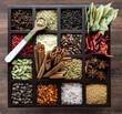 Top down view of a variety of whole spices in a compartment box with a wooden spoon of fennel seeds on top.