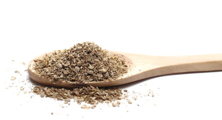 Coriander ground pile in wooden spoon isolated on white background