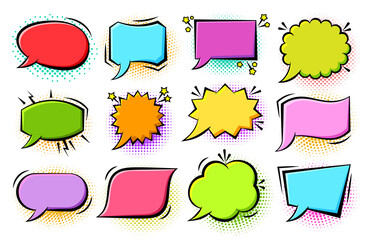 Aufkleber - Retro sketch speech bubble icon set. Cartoon pop art bubbles on color halftone background. Boom, burst, wow effect empty frame. Vector design fun comic page dialog text message balloon template shapes