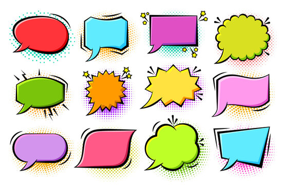 Retro sketch speech bubble icon set. Cartoon pop art bubbles on color halftone background. Boom, burst, wow effect empty frame. Vector design fun comic page dialog text message balloon template shapes